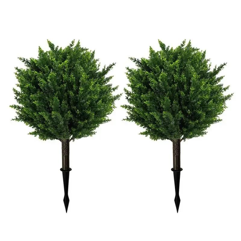 2pcs Artificial Faux Cedar Cypress Topiaries, 23.5in UV Resistant Realistic Fake Shrub Ball Trees with Ground Stake for Garden