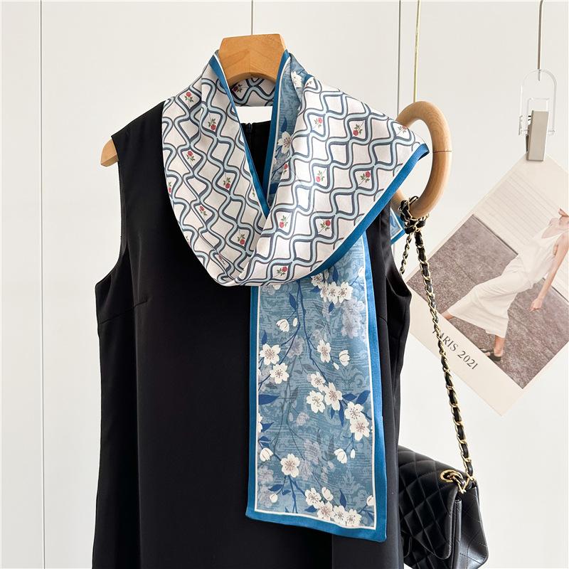 Temperament blue flower plaid silk scarf femininity mulberry silk silk scarf thin, narrow and long double-sided scarf streamer