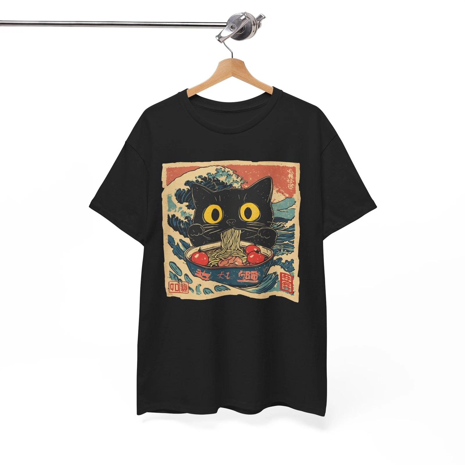 Ramen T-Shirt | Japanese Black Cat Eats Ramen Shirt Shirt L
