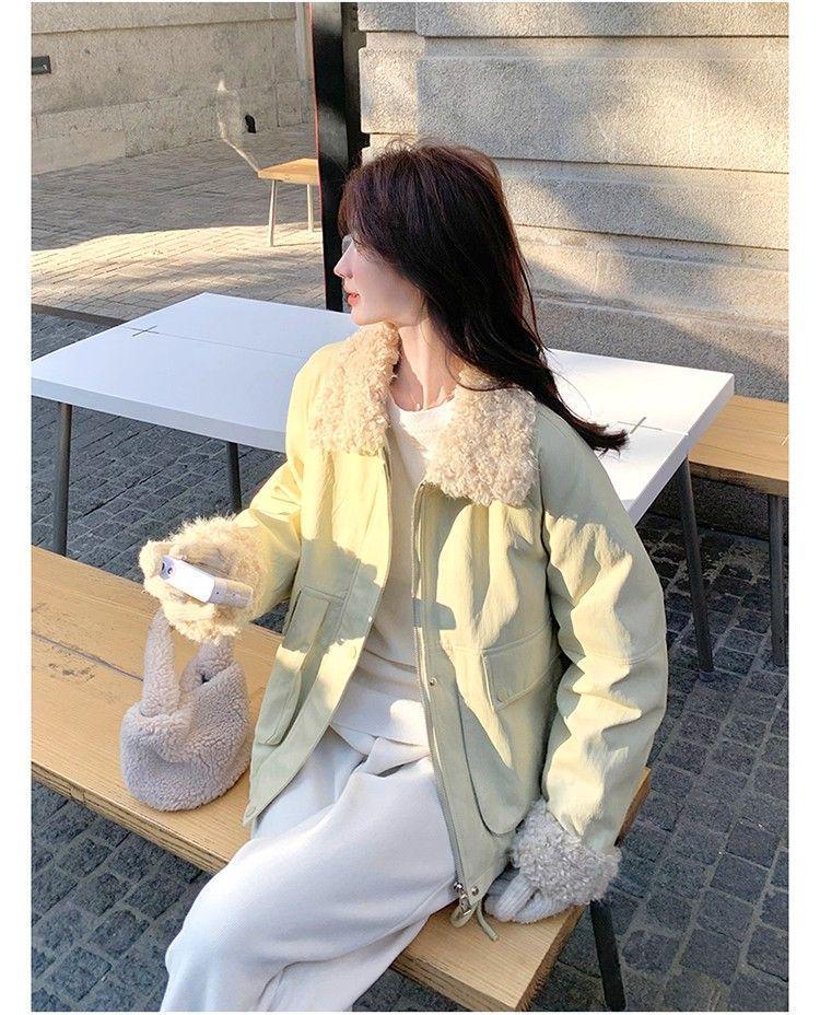 Beige Patchwork Lambswool Lapel Parka with Rabbit Fur - Women's New Winter 2025 Casual Jacket