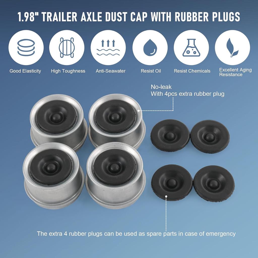 4pcs 1.98" Trailer Axle Dust Cap Cup Grease Cover Hub with Extra 4 Rubber Plugs for Most 2000 to 3500 Pound Axles Dexter Trailer Dexter EZ Lube