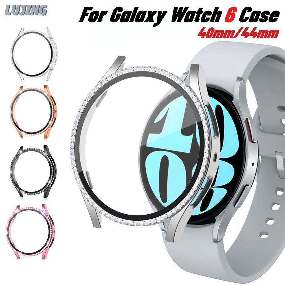 

Чехол LUJING со стеклом + бриллиантами для Samsung Galaxy Watch 6, 40 мм, 44 мм, аксессуары, блестящий бампер для ПК + защитная пленка для экрана, Galaxy watch 6, чехол