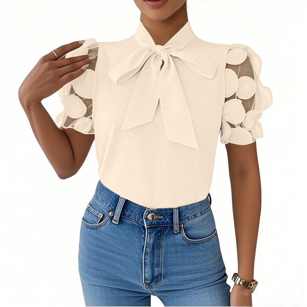 Damen Einfarbig zum Schnüren Schleife Kurzarm Hemd T-Shirt Top