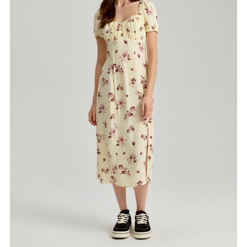 

Foreign Trade Order High Cold Goddess Square Collar Design Puff sleeve Chest Emphasizing Split Dress Exquisite Print Grab Long dress Light yellow flower M