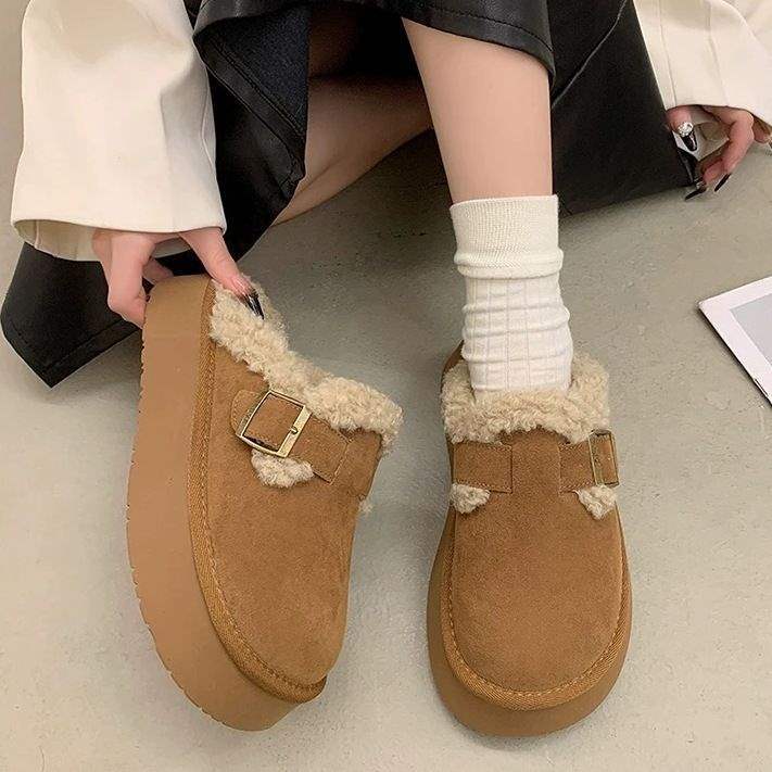 Tjock botten höjande en pedal väskhuvud Birkenstock lurviga halvtofflor dam höst och vinter ytterkläder sammet 2025 nya bomullstofflor