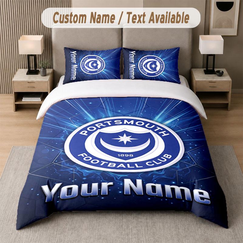 Custom Bedding Set Portsmouth FC Pattern, Print Name Text 1 Duvet Cover Plus 2 Pillowcases Home Textile