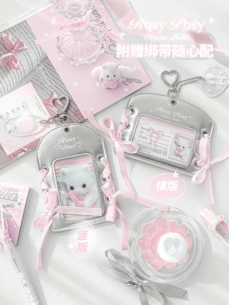 Ballet Ribbon Photocard Holder Kpop Silver PU Idol Photo Display Protector Sleeves Credit ID Cards Case Bag Keychain Pendant