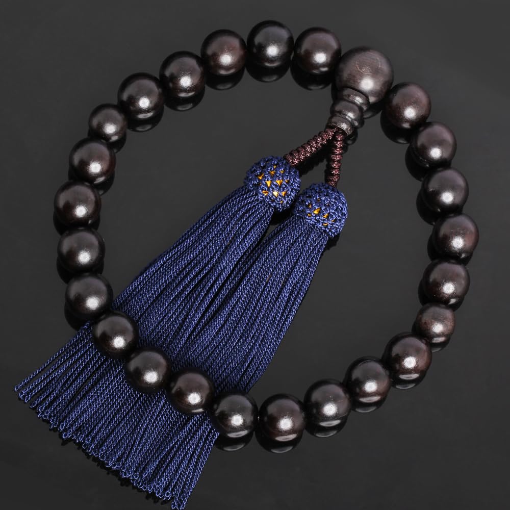 Enzen Nenjuya Men's Handmade Prayer Beads, 22 Beads, Striped Ebony, with Magnetic Prayer Bead Bag (Iron Navy Tassel), Black Tie, Mourning Badge,
