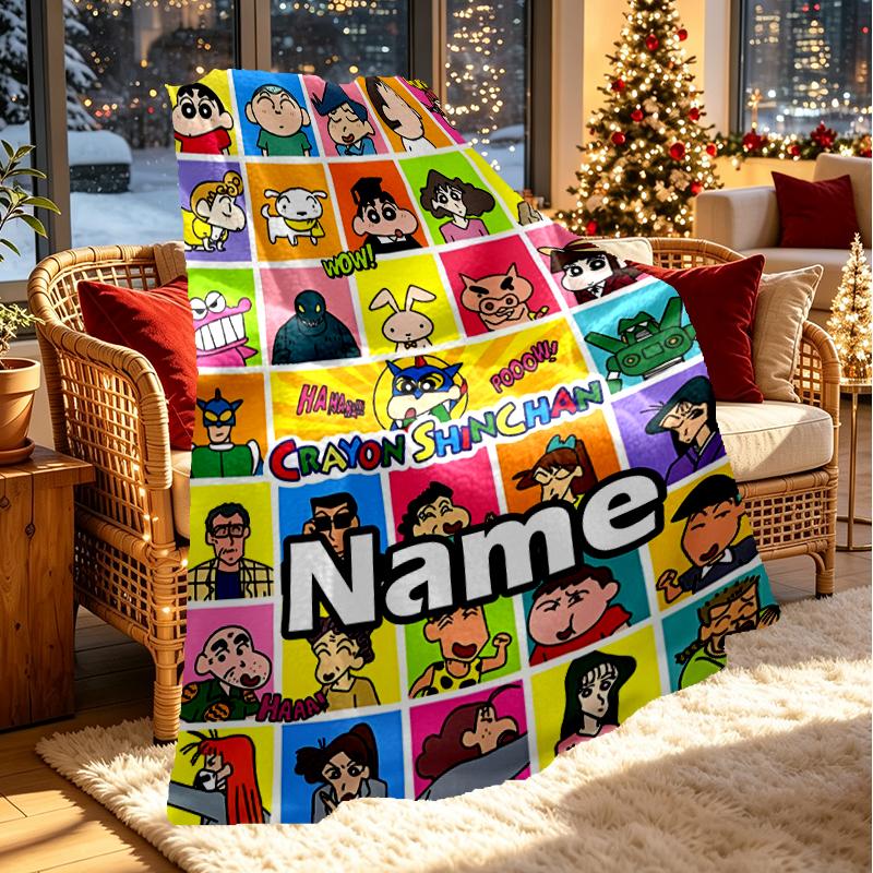 Custom Name Personalized Crayon Shin Print Blanket, Home Decor, Bedroom, Sofa, Camping, Couch, Gifts for Birthday Christmas