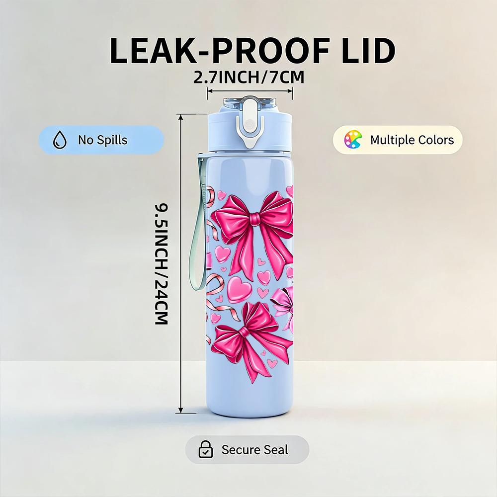 1PC Pink Bow Ribbon Heart Bouquet 750ml Color Plastic Sports Water Bottle Leakproof Flip Straw Lid Suitable for Sports Office Home Use
