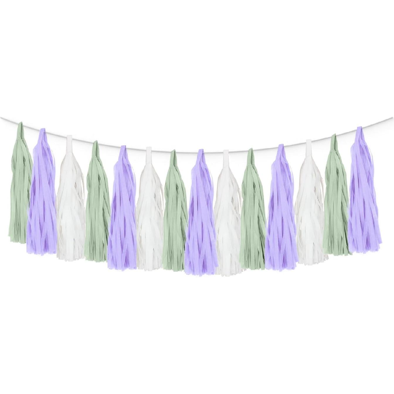 Dusty Sage Green Purple Lilac Lavender Party Decorations Paper Tassel Garland Banner Fringe Streamers Wildflower Fairy Birthday Baby Shower Wedding