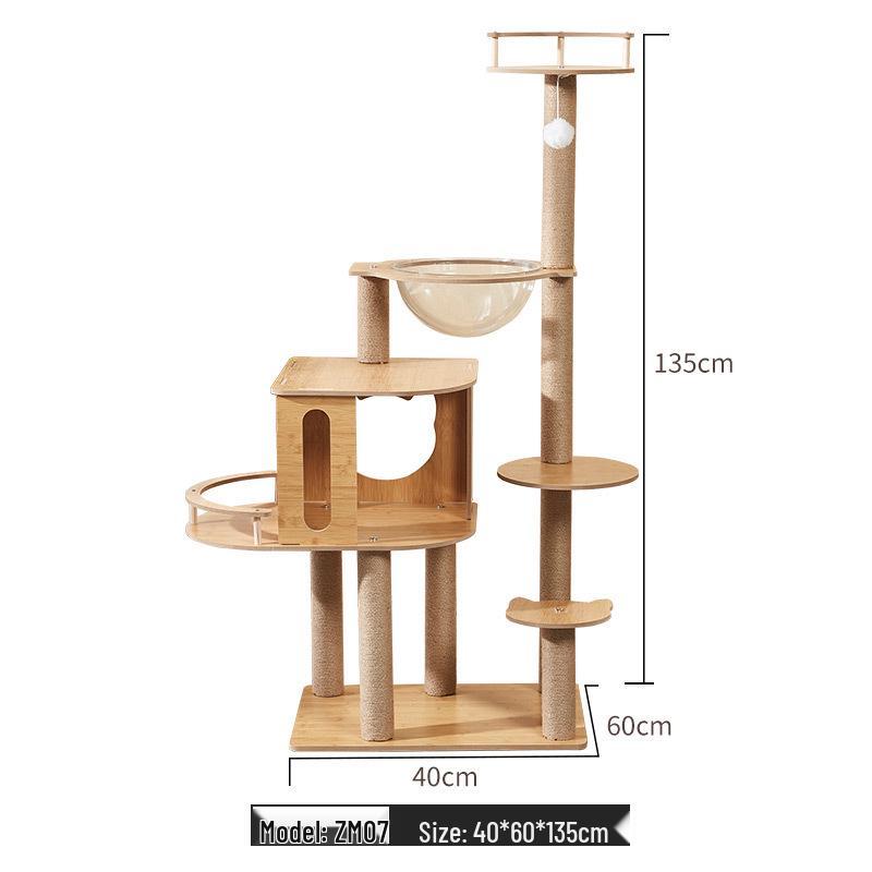 Large Wooden Cat Tree & Scratching Post with Space-Saving Design - Integrated Climbing Frame & House