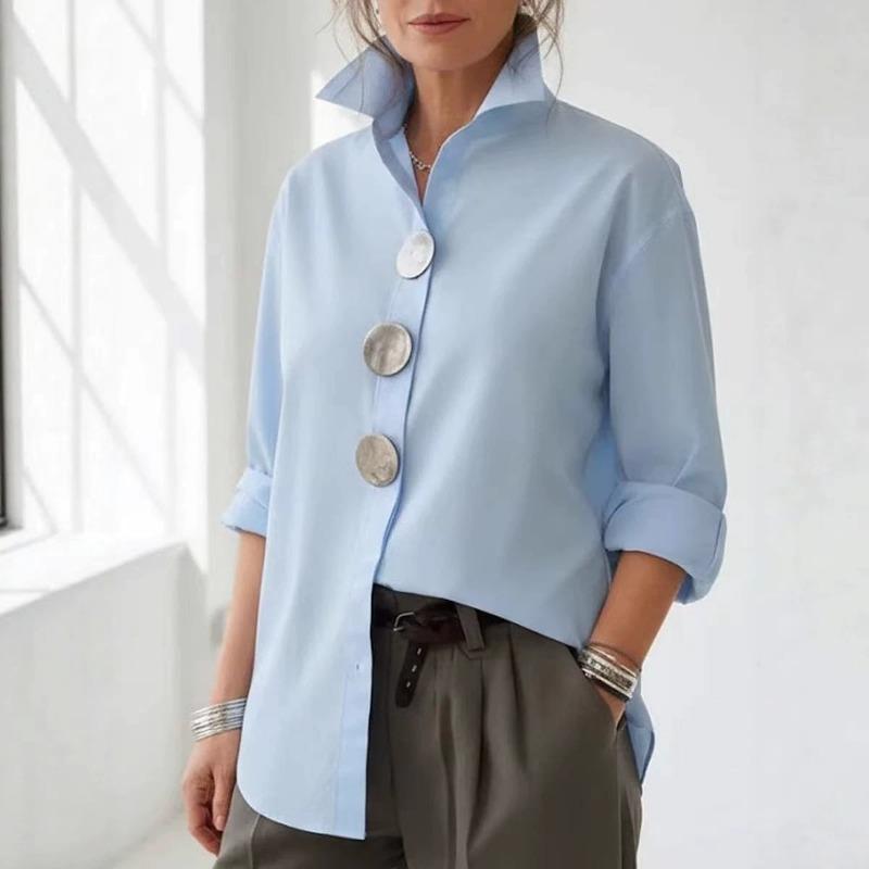 Solid Color Long Sleeve Polo Shirt With Metal Buttons For Summer