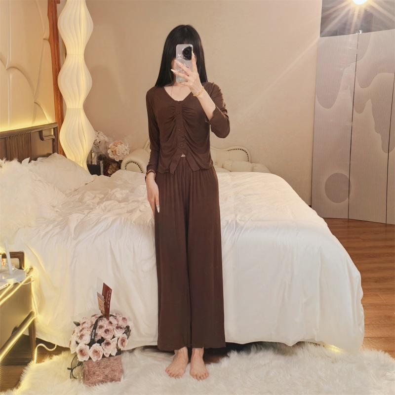 Modal Women's One-Piece Pajama Set with Built-In Bra - Long Sleeve, High-End, Home & Outdoor Wear for Spring & Autumn