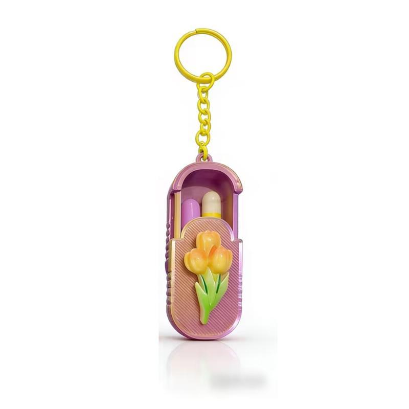 Waterproof Keychain Pill Organizer Tulip Pattern Portable Compact Pill Case Small for Outdoor Activities Daily Medication Carry