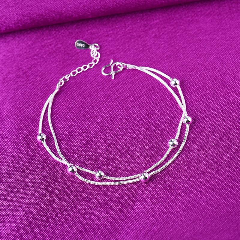 

Двухслойная цепочка из стерлингового серебра 925 пробы с круглыми бусинами, браслеты и браслеты на ножной браслет для женщин, ювелирные изделия для свадебной вечеринки A178