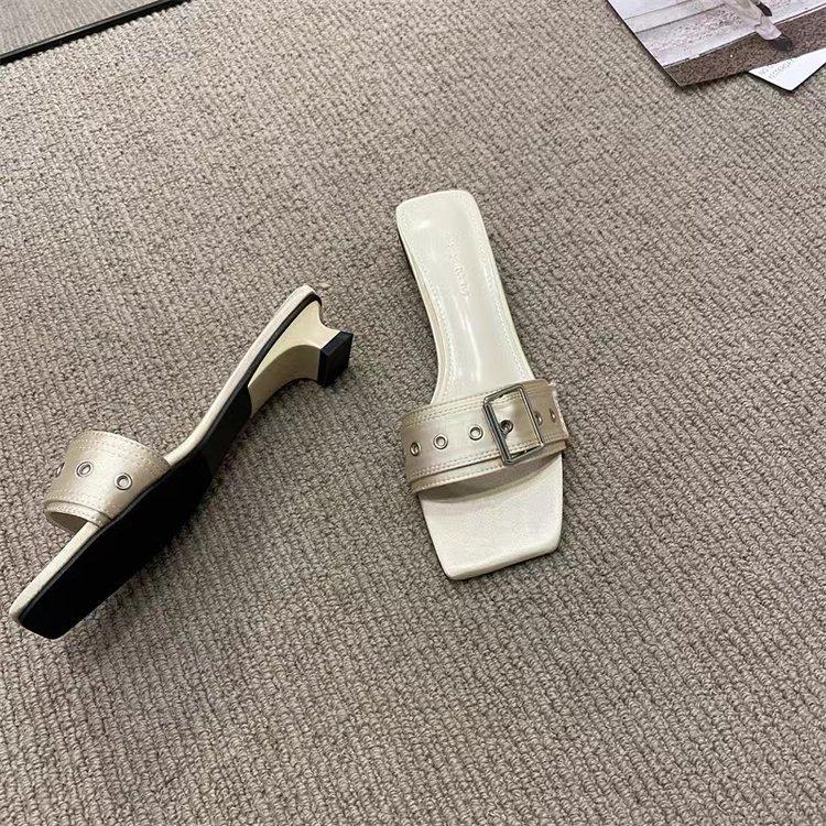 Fashion Belt Buckle One-word Outer Wear Medium Heel Sandals Special-shaped and Slippers Women