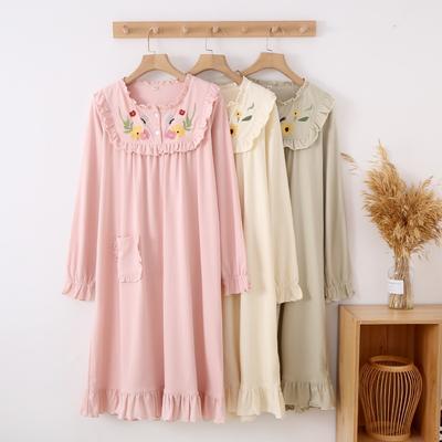 New Spring and Summer Women's Long Skirt 100%cotton Long-sleeved Skirt Dress Sweet Embroidered Nightdress Home Clothes Sleepwear