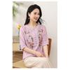Women Pink V Neck Floral Embroidery Half Placket Three Quarter Sleeve Cotton Linen Blouse