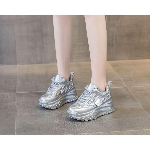 Silver Leather Platform Shoes Women's Luxury Thick Sports 7cm Lace Up Slip On Sneakers Plus Size