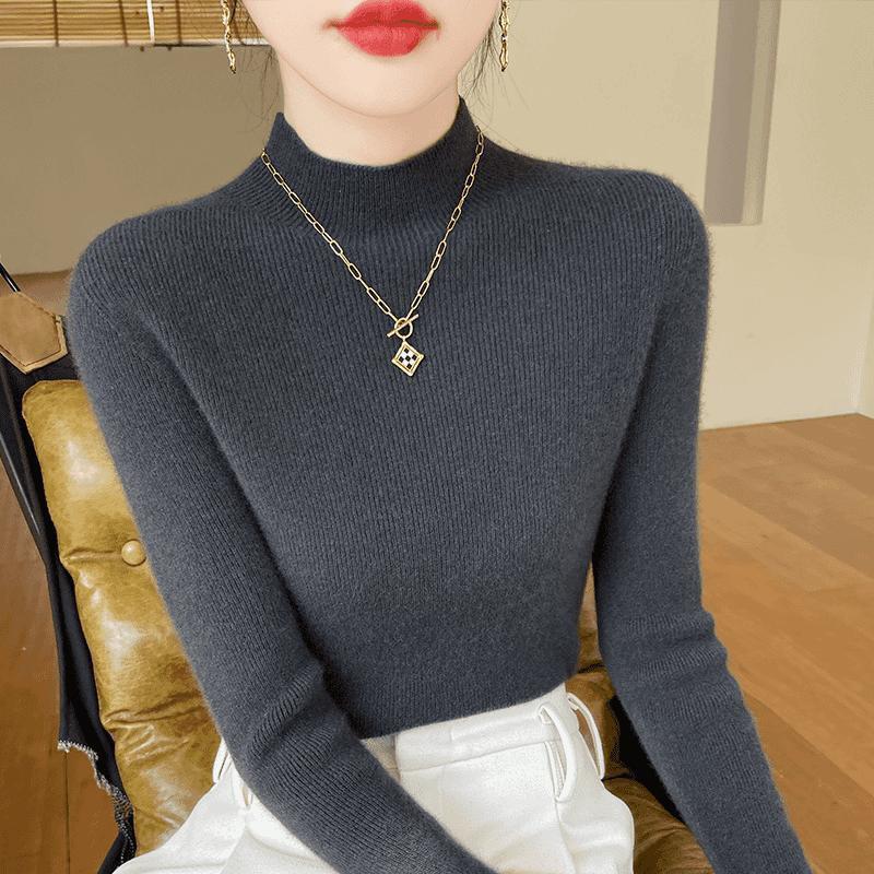 Women's Black Wool Semi-High Neck Base Layer Sweater - Soft, Comfortable, Slimming Fit for Autumn/Winter.