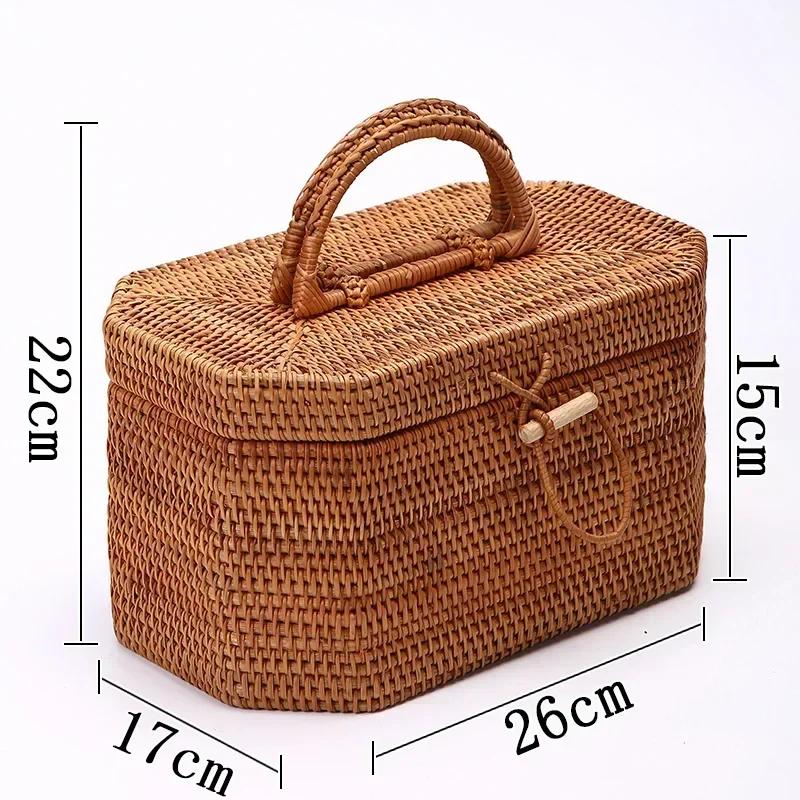 Handwoven Rattan Storage Box with Handle Wicker Ornament Box Tea Food Container Picnic Bread Fruit Cake Basket Kitchen Organizer