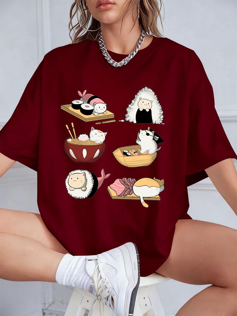 Kawaii Sushi Cats Printing TShirts Womens Summer Cotton Short Sleeve T Shirt Loose ONeck Comfortable Tops Casual Woman Clothes