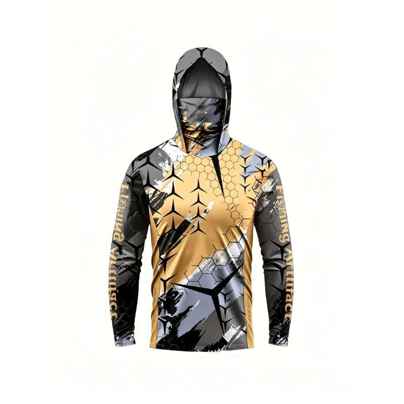 Men‘s Long Sleeve Hooded Fishing Shirt with Face Mask, Letter Print On Front, Breathable Quick Dry Lightweight Outdoor Top