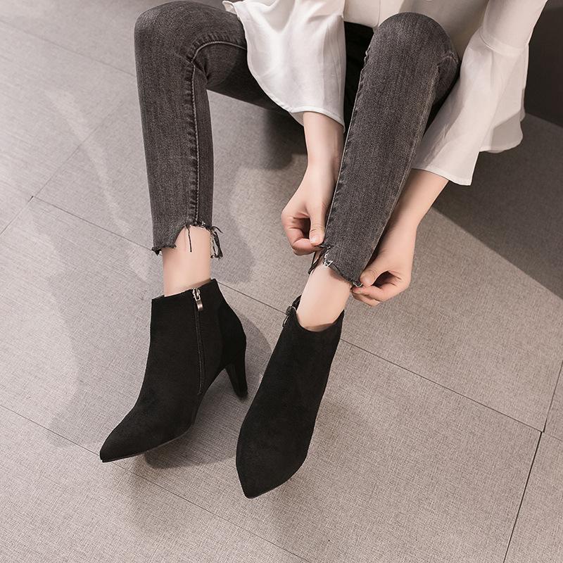 Autumn and Winter High-heeled Stiletto Shoes Boots Pointed Toe Suede Zipper Women's Shoes