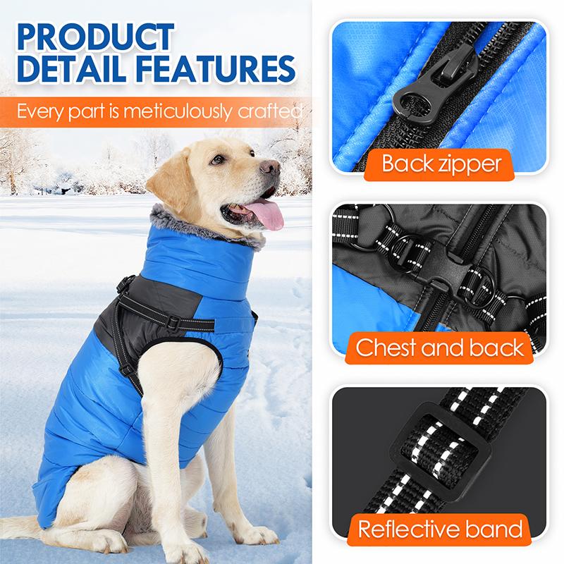 Winter Winddichte Hoher Kragen Flauschige Hundejacke Reflektierend Abschleppbar Outdoor Laufen Haustier Baumwollmantel mit Reißverschluss Designer Hundekleidung