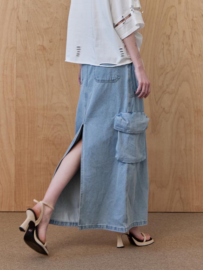 Maja Out-Pocket Back-Slit H-Line Cargo Denim Long Skirt
