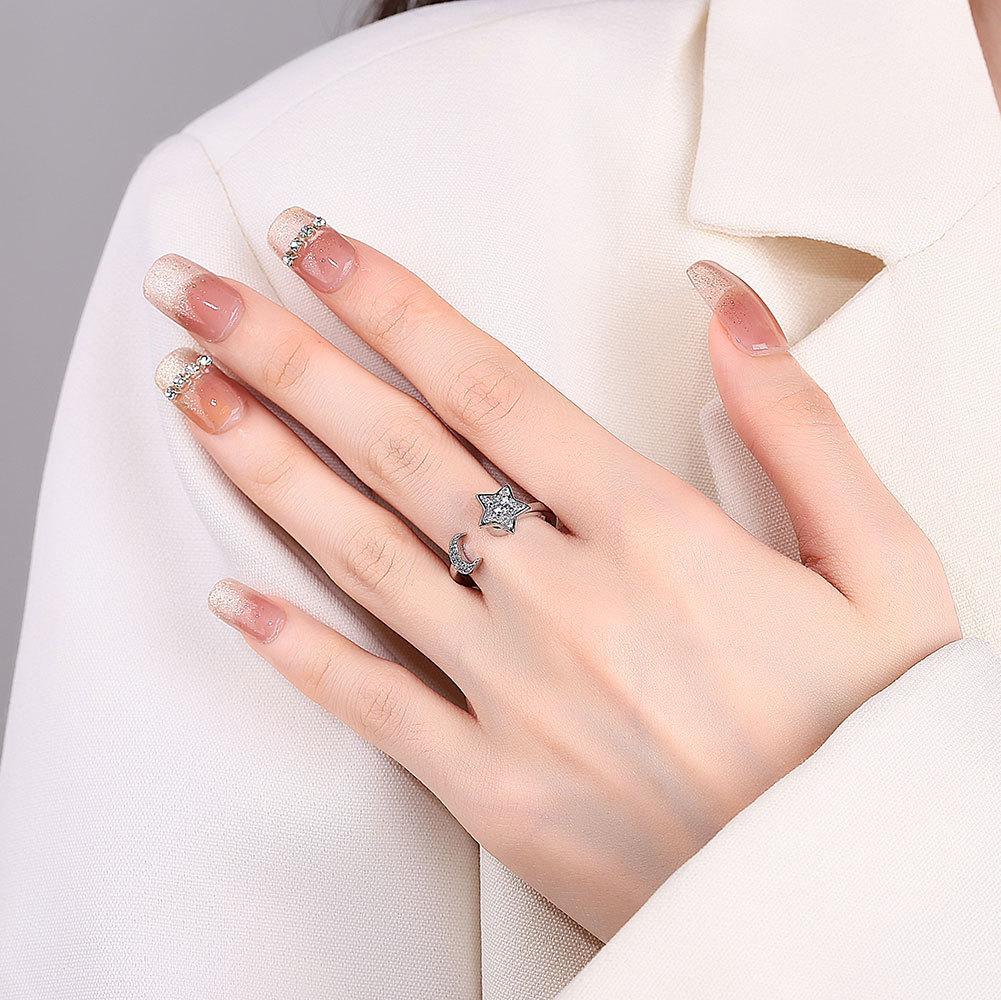 Star Moon Geometric Adjustable Ring With Zirconia For Women Fashion Jewelry