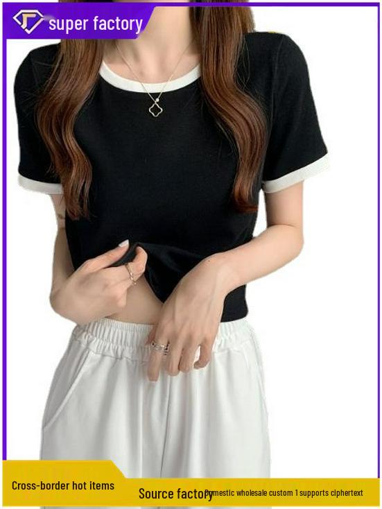Women's Color Block Round Neck Slim Fit T-shirt - Korean Style Summer Base Layer
