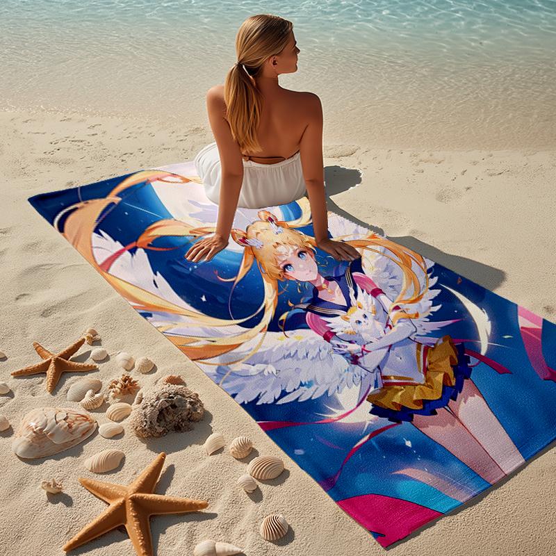 proof beach towel with a Sailor Moon1 pattern - soft,absorbent,quick-drying,machine washable - perfect for swimming,camping,bathing