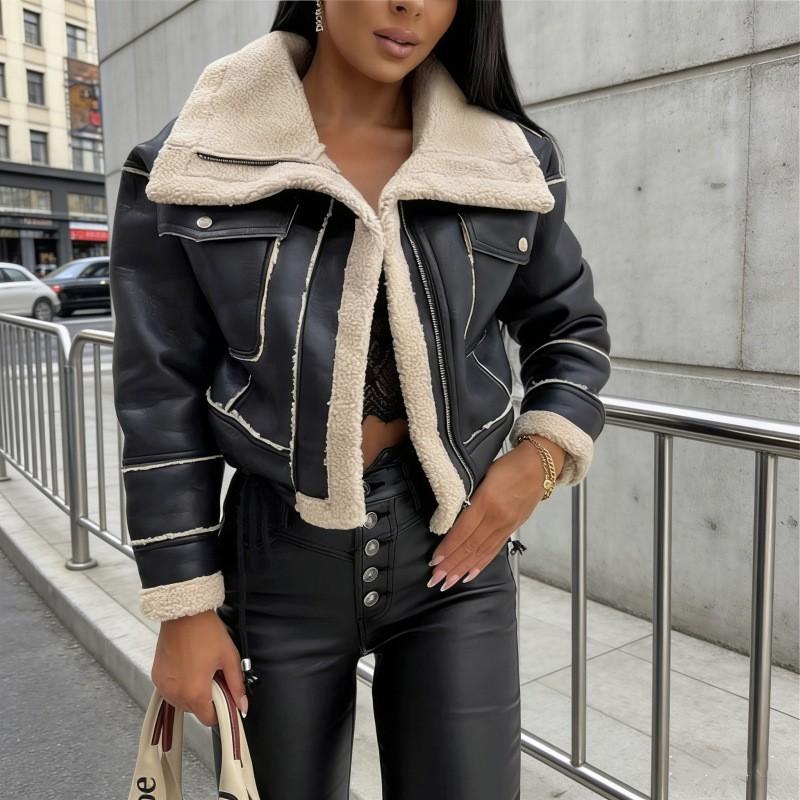 Womens Short Faux Shearling PU Jacket