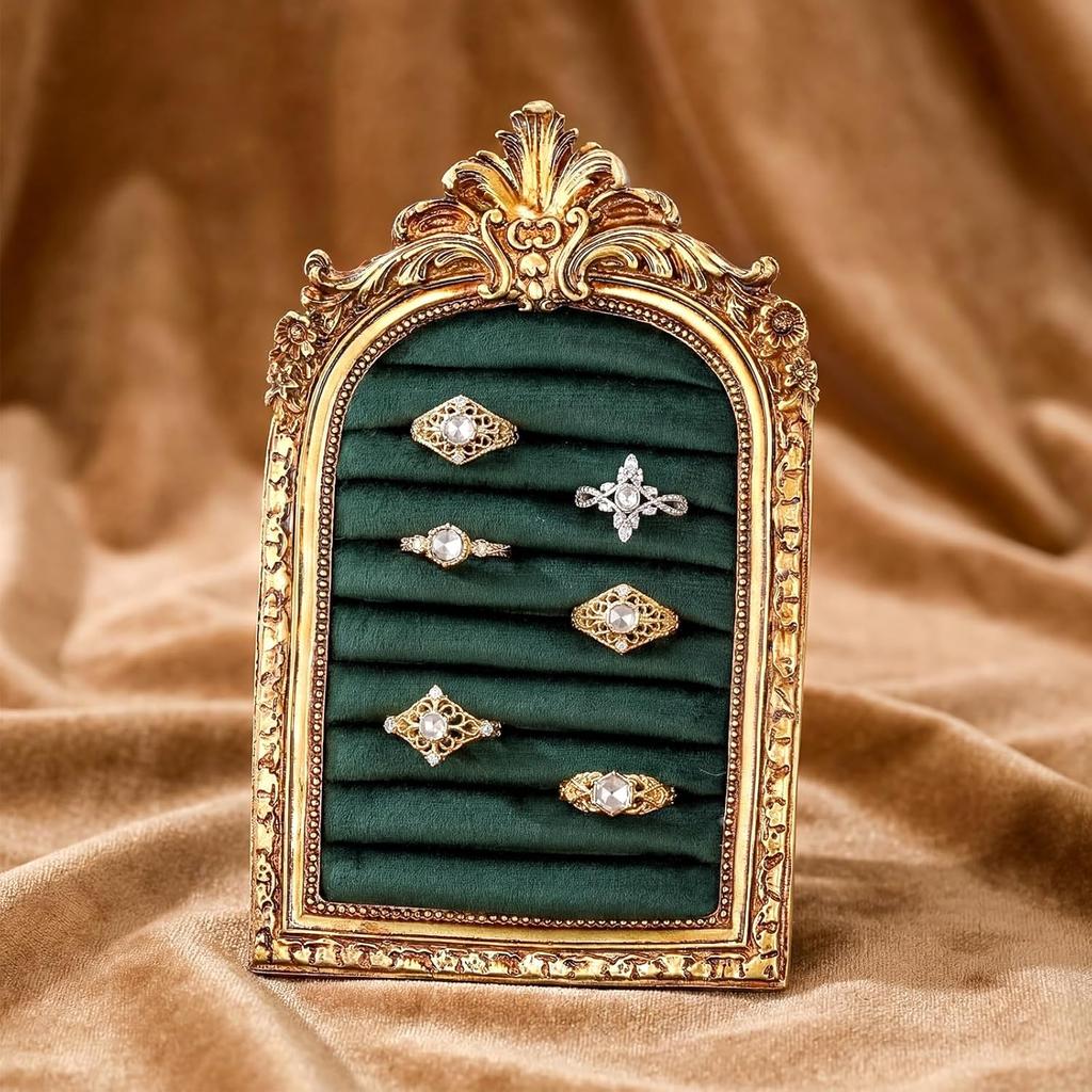 1PC Vintage Ring Holder Arched Gold Ring Wedding Display Suede Jewelry Box Holder Photo Frame Earrings Tray Anniversary Engagement Baroque Storage