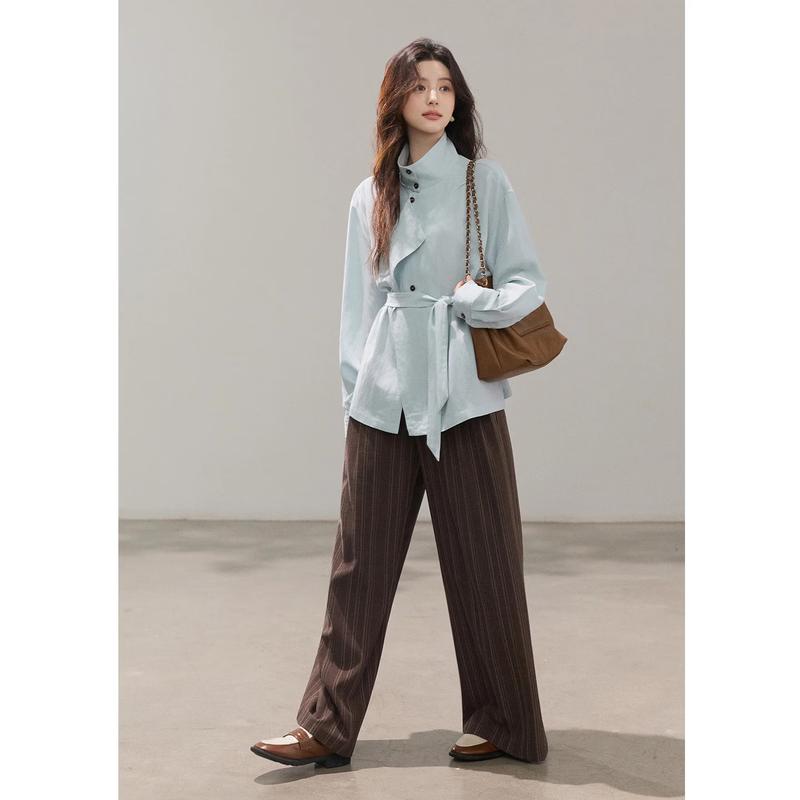 Women's Waist-Cinching Stand-Up Collar Shirt