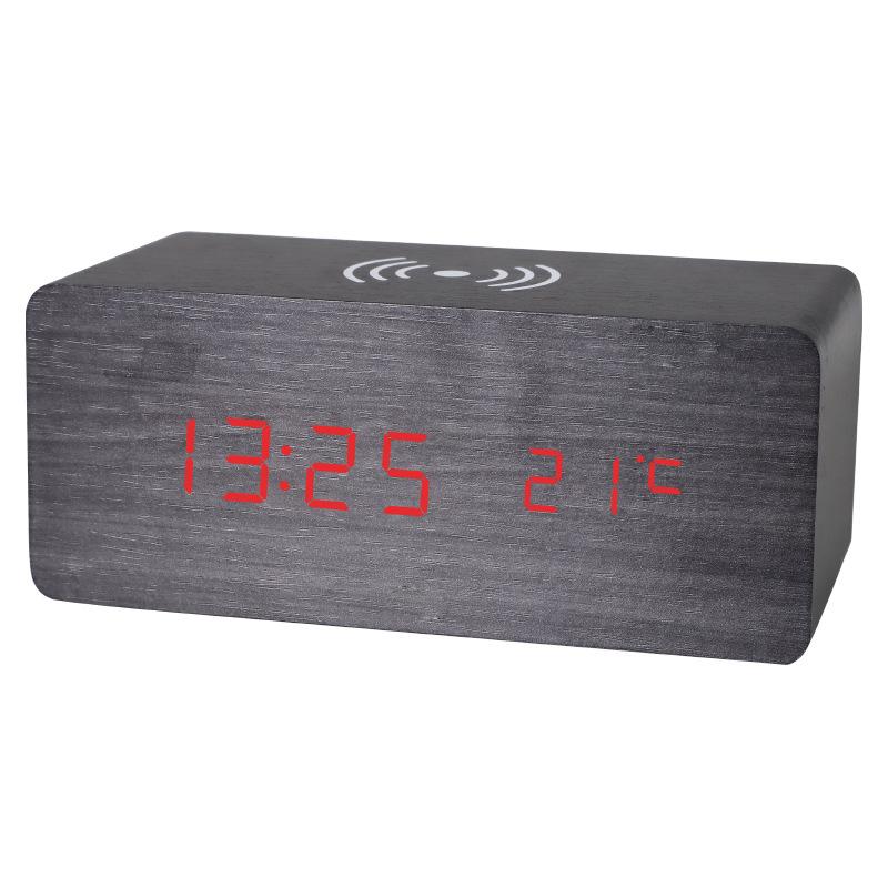 Alarm clock wooden clock led digital multi-function alarm clock wireless charging wooden children's bedside temperature pvc