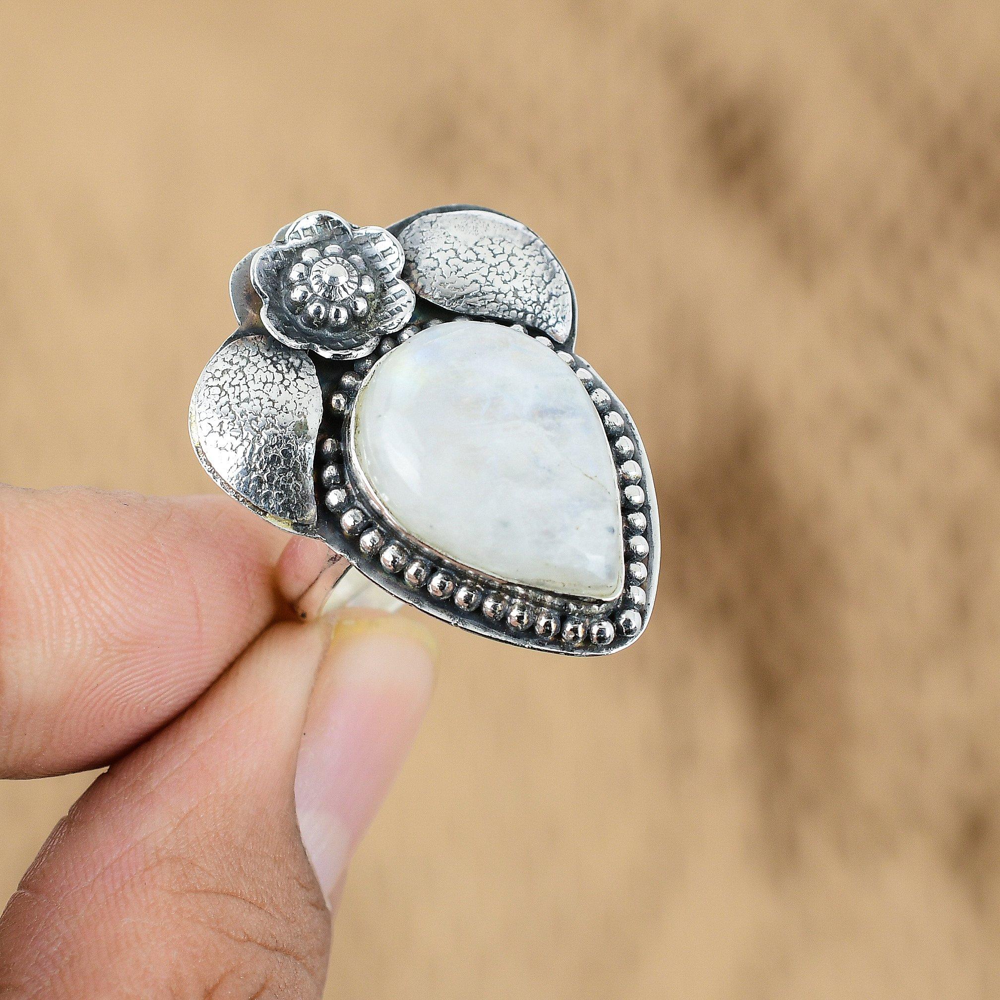 

Mothers day Sale Rainbow Moonstone Stone Flower Promise Ring Jewelry 925 Silver Yes
