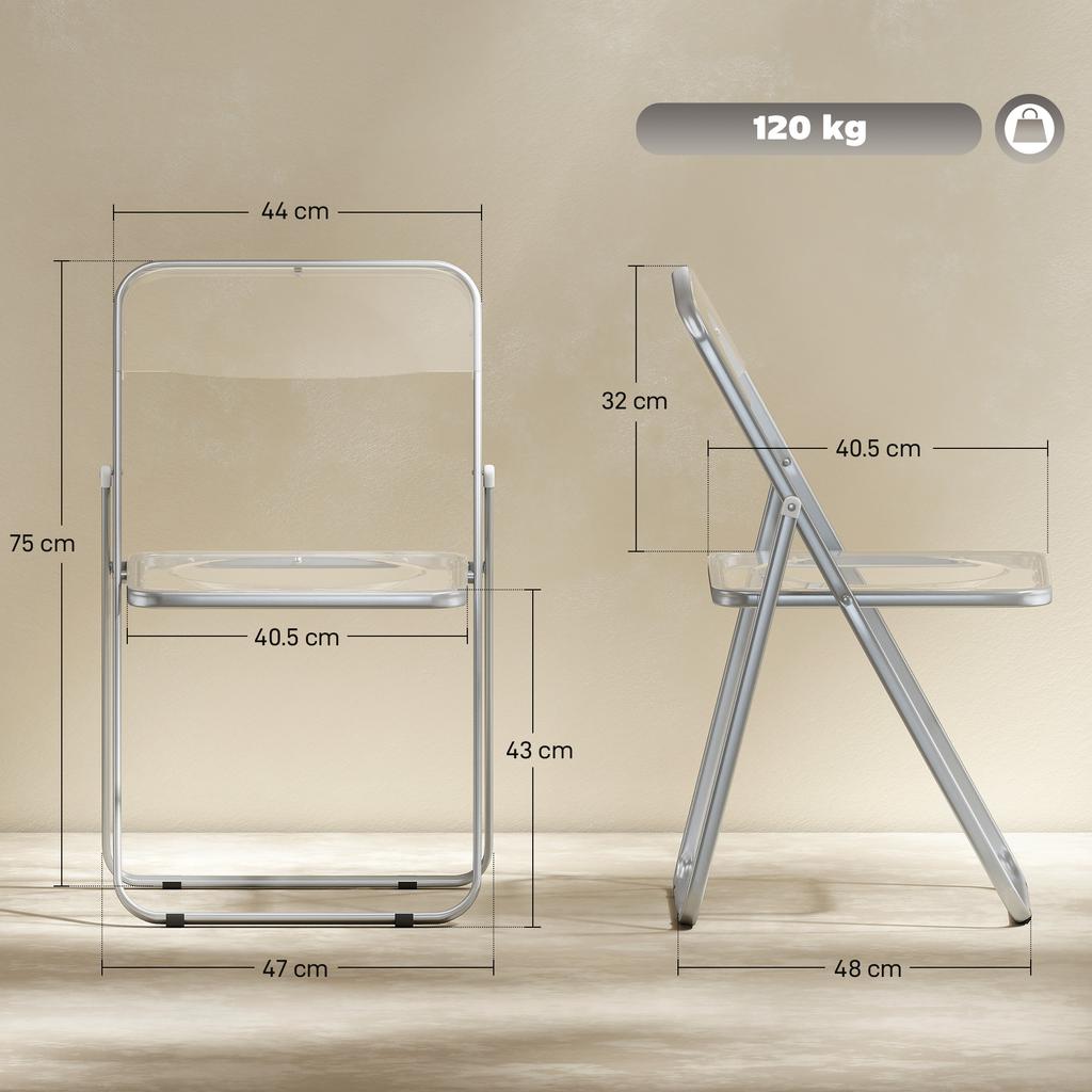 Foldable Chairs, Folding Chairs with Transparent Seat and Backrest, Heavy Duty Steel Frame, 47W x 48D x 75H cm, Clear
