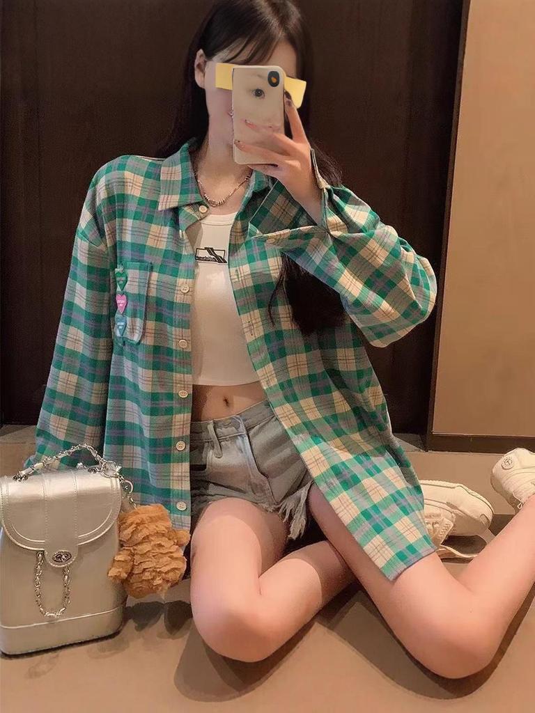 Damen Grün Kariert Langarm Freizeitbluse - Leicht, Lockere Passform für Frühling, Sommer und Herbst