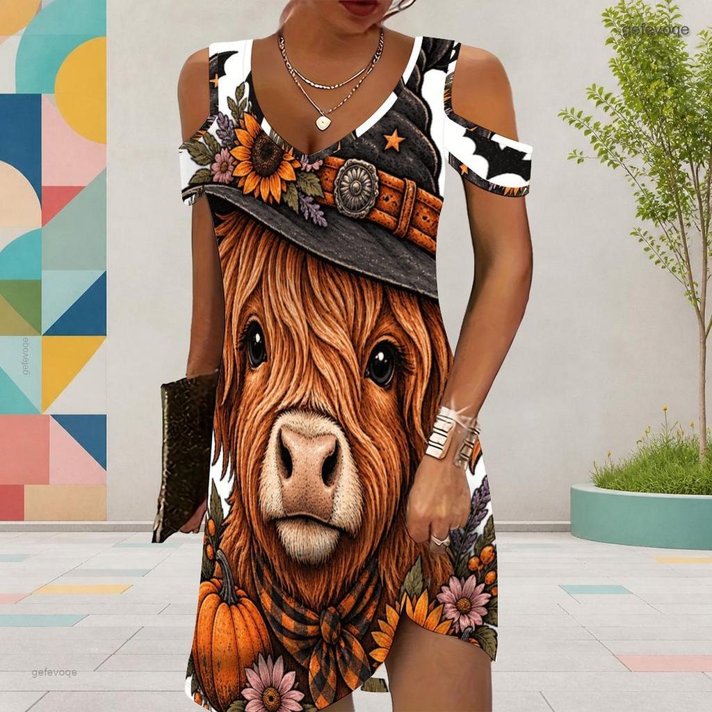 Women Plus Size V Neck Cold Shoulder Short Sleeve Cartoon Ghost Printed Dress
