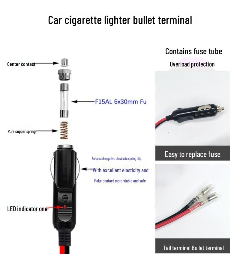 Cigarette Lighter Plug Extension Cable with Bullet Terminal and Customizable Length