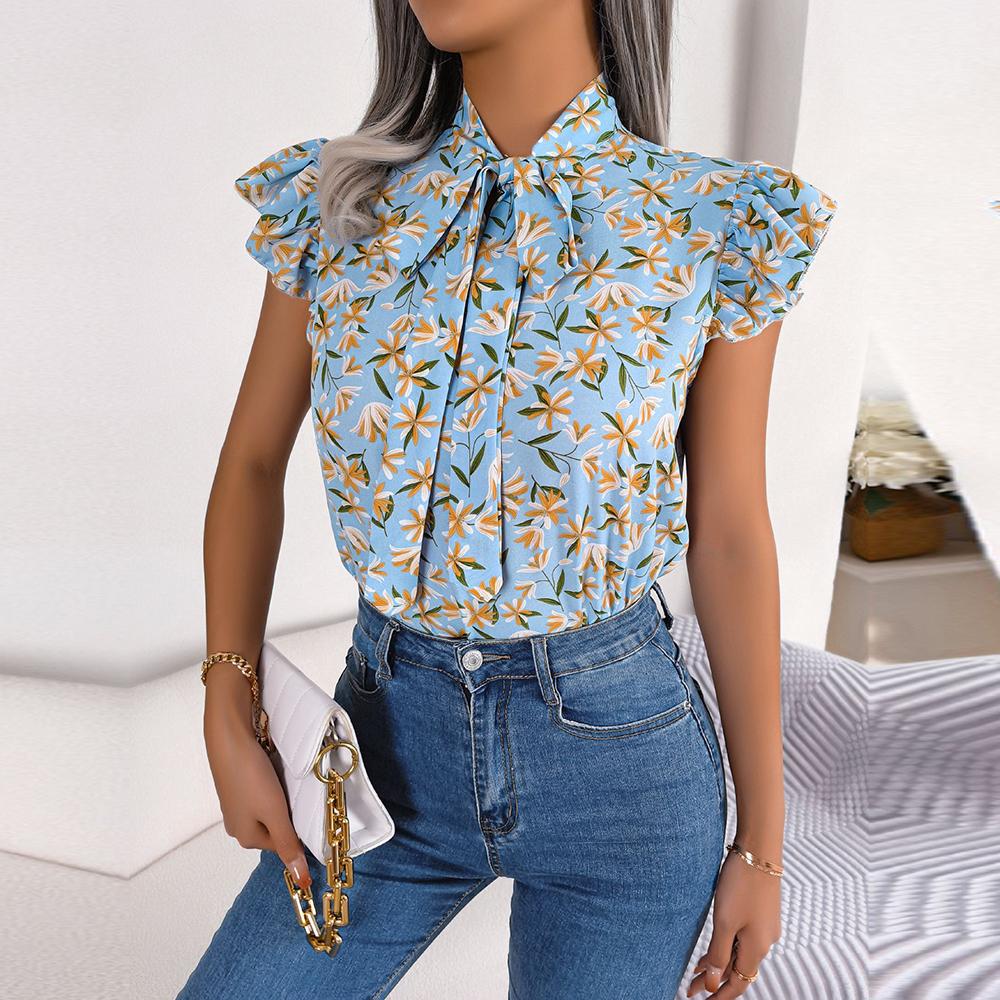 Women's Spring Summer Floral Wood Ear Lace Up Bow Tie Chiffon Shirt Blouses