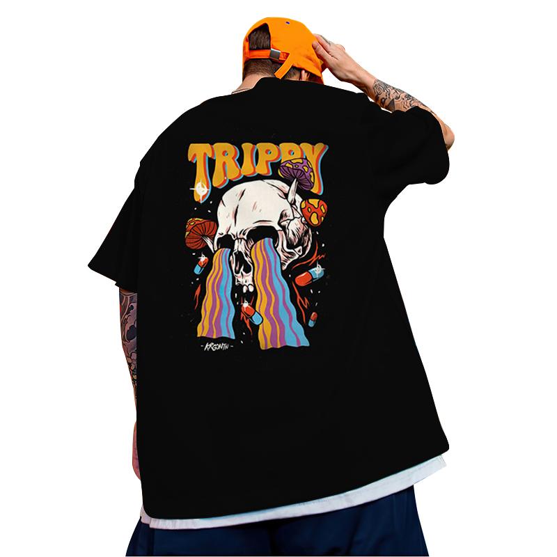 Büyük Boy Kısa Kollu Tişört Kafatası Baskılı Tişört Kore Hip Hop Üst Moda Erkek Tişörtü Yazlık Örgü Rahat Erkek Giyim