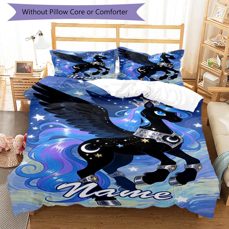 3pcs Custom Name Unicorn Bedding Set Duvet Cover Closure Includes 1 Duvet Cover & 2 Pillowcases, Soft and Comfortable for All Seasons.