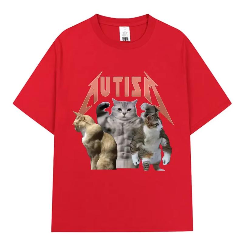 2025 Summer and Autumn Fitness Cat Autism Print T-shirt Loose and Casual Short-sleeved Trendy Top for Men and Women