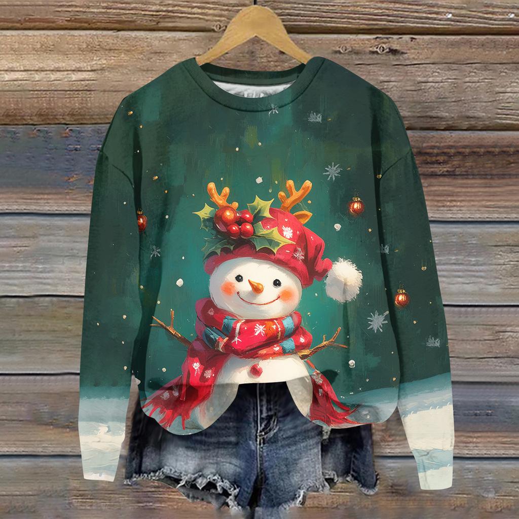 Ladies' Christmas Printed Long Sleeved Round Neck Hoodie Loose Top