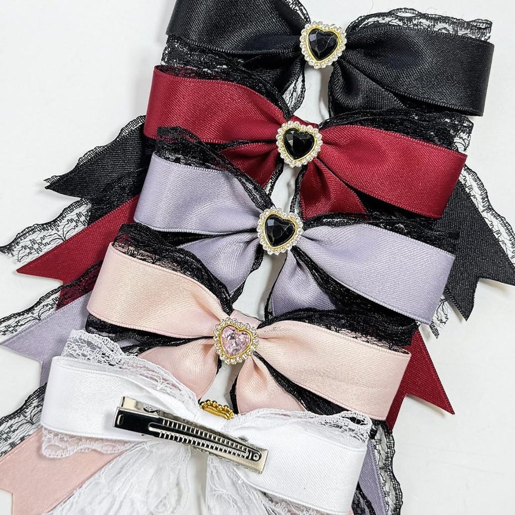 Set of 2 White Lace Ribbon Clips with Heart Jeweled Ribbons, Lolita, Dreamy Kawaii, Gothic Lolita Hair Clips, Hairpins, Hair Accessories [Used]