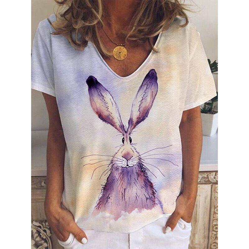 Summer New Casual Daily Versatile Pattern Rabbit 3D Printed Short Sleeved V-neck T-shirt